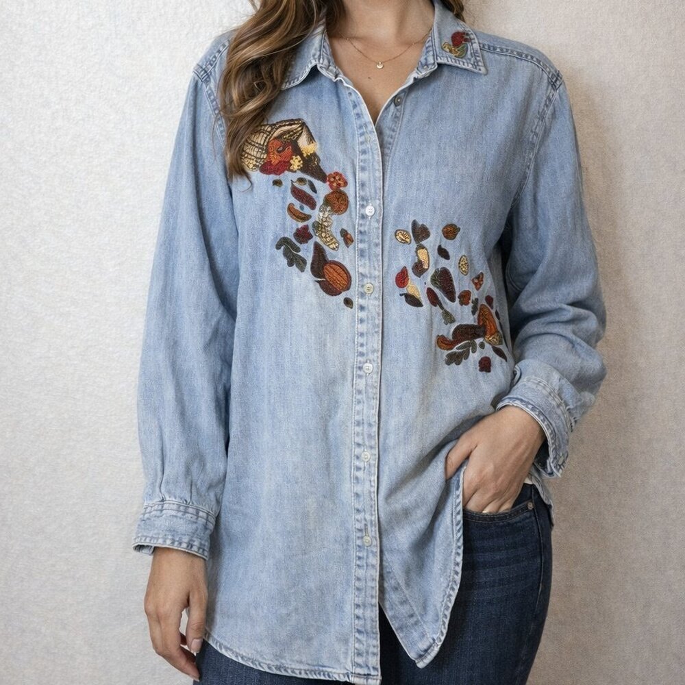 Vintage 90s Embroidered Denim Shirt | 2X | Cottagecore / Holiday Folk